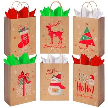 Imagem de SPERPAND Pacote com 24 sacos de presente Kraft de Natal dupla face com papel de seda, fácil de embrulhar de Natal para brindes e presentes, ideal para salas de aula, casamentos, lembrancinhas de festa