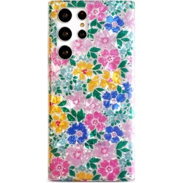 Imagem de Qokey Capa para Galaxy S24 Ultra - Glitter Perolado Pastel Flores Concha do Mar para Mulheres, Amortecedor Macio Leve Slim Fit TPU Não Amarelecimento À Prova de Choque Capa de Telemóvel Azul Pó Floral