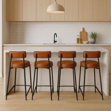 Imagem de Banqueta Cozinha Alta com Encosto Industrial Preto Kit 4 Londres PU D03 - D`Rossi