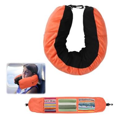 Imagem de Travesseiro de viagem acolchoado com roupas, 18,5 x 80 cm, almofada de viagem macia de pelúcia, material de seda gelada, transformável, bolsa de armazenamento para 3 dias, sem enchimento (laranja