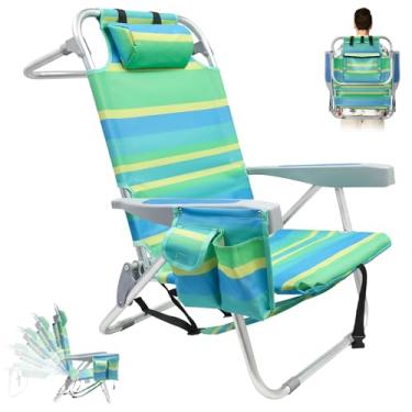 Imagem de Cadeira de praia baixa para adultos, mochila reclinável portátil de alumínio dobrável com suporte para copos, bolso grande para uso ao ar livre/gramado/piquenique/pesca