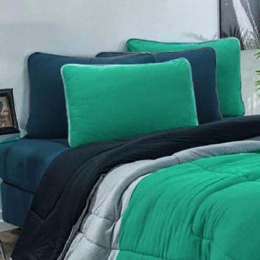 Imagem de Kit Edredom Malha 100% Algodão Urbano 3 Peças King - Verde Jade-mescla-preto