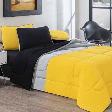 Imagem de Kit Edredom Malha 100% Algodão Urbano 2 Peças Solteiro - Amarelo-mescla-preto.