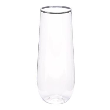 Imagem de WNA Taças de champanhe Reserv 255 g de plástico transparente sem haste, pacote com 64, borda prateada para estilo adicional, descartável ou reutilizável, elegante e inquebrável, PET resistente a