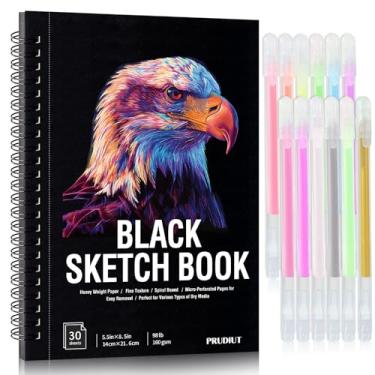 Imagem de Caderno de desenho de papel preto de 30 folhas com conjunto de canetas de gel de 12 cores, 44,5 kg/160 g/m², bloco de esboço preto pesado 14,5 × 8,5 cm, papel de desenho sem ácido, caderno de esboço