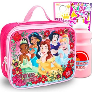 Imagem de Disney Conjunto de lancheira de princesa – Pacote com lancheira com Bela, Cinderela, Tiana, mais adesivos Plus, garrafa de água | Lancheira de material escolar de princesa Disney para crianças
