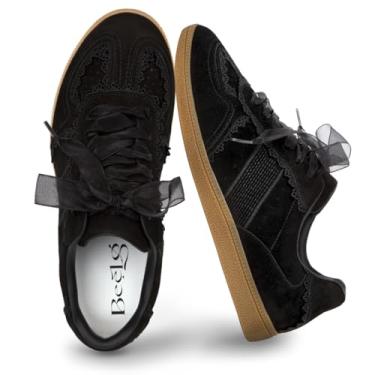 Imagem de BeeLg Tênis casual feminino com detalhe de renda – Tênis moderno elegante com cadarço com cabedal de couro e palmilha de espuma viscoelástica e sapatos casuais modernos sem cadarço para mulheres