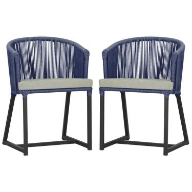 Imagem de 2 Cadeiras De Jantar Noronha Preta Corda Náutica E3 Trama Azul