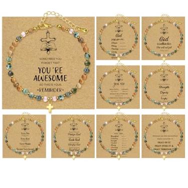 Imagem de BOMAIL 9 pulseiras cruzadas para mulheres – Pulseiras inspiradoras cristãs, presentes de pedras naturais curativas, conjunto de pulseiras ajustáveis para presente de batismo e páscoa, adjustable