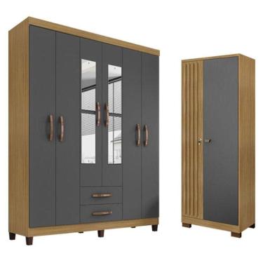 Imagem de Guarda Roupa Casal Modena Com Espelho 6 Portas E Armário Multiuso Versatile Carvalho Americano Grafite - Incorplac
