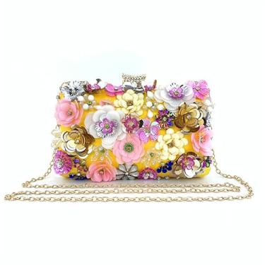 Imagem de Bolsa de jantar moderna feita à mão com contas de flores para banquete e festa de casamento bolsa clutch bolsa de ombro, Amarelo