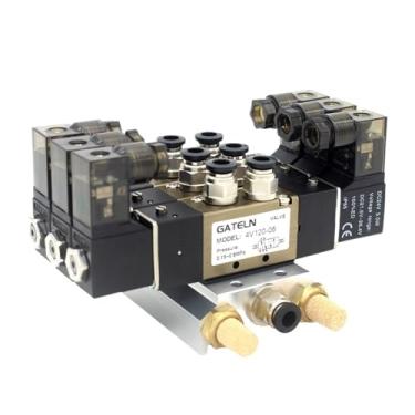Imagem de UHFILYQBA 4V120-06 DC24V 12V AC220V AC110V 2 posições válvula solenoide quádrupla 5 vias conjunto de silenciadores de montagem de base de alumínio 3 4 5 6 estações (acessórios AC110V 4 mm, 5 estações)