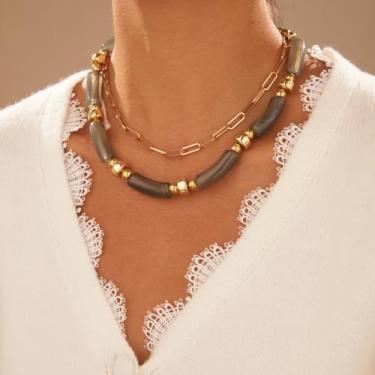 Imagem de Colar de resina de bambu de camada dupla, colar feminino com clipe de papel branco e cinza, joia diária, One Size, Metal Resina, Sem Pedra Preciosa