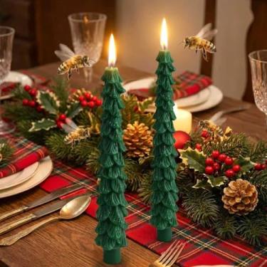 Imagem de 8 peças de cera de abelha em forma de árvore de Natal velas cônicas de cera de abelha verde vela de árvore de Natal de 25,4 cm, decoração de mesa de Natal para decoração de mesa de Natal para