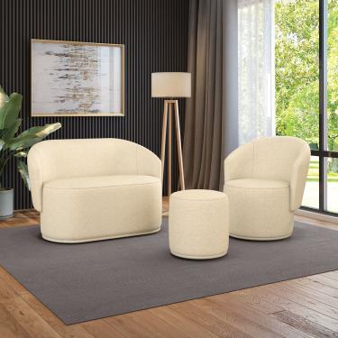 Imagem de Sofá Namoradeira Com Poltrona E Puff Orgânico Sala Malu Linho M11 - D'rossi Cor Bege