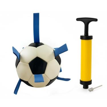 Imagem de Bola Futebol Pet Mordedor com Alças + Boma de ar | Brinquedo Interativo Resistente para Cachorros Médios e Grandes | Bola de Puxar, Morder e Exercitar