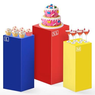 Imagem de 3 peças de capas de suporte cilíndrico quadrado vermelho, amarelo e azul para festas, elastano para exibição de pedestal de cilindro elástico para festivais de Natal, festas de aniversário, casamento