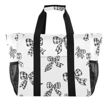 Imagem de Kigai Sacolas de supermercado reutilizáveis, gravata borboleta preta e branca grande, sacola de compras resistente à água, bolsa de piscina dobrável para roupas, sapatos e piqueniques