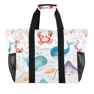 Imagem de Wassud Sacos de mercearia reutilizáveis com animais marinhos fofos, bolsa grande, impermeável, organizador de lona para praia, piquenique, lavanderia, viagem