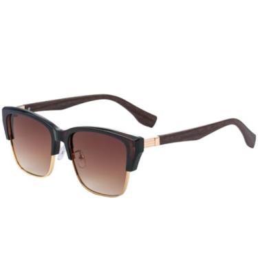 Imagem de Óculos de sol vintage luxuosos com lentes de olho de gato e textura de madeira, óculos de sol femininos da moda para homens, óculos de viagem para o verão, UV400 (chá marrom degradê)