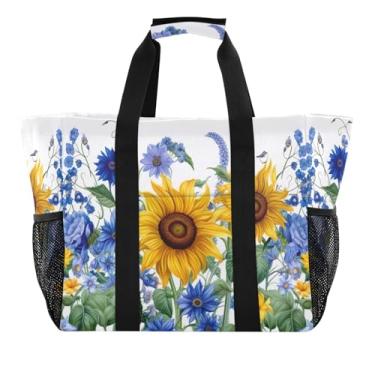 Imagem de Wassud Sacolas de mercearia reutilizáveis de girassóis e bluebells grande bolsa organizadora de lona impermeável para praia, piquenique, lavanderia, viagem