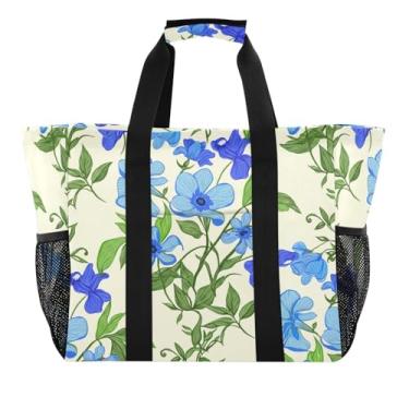 Imagem de Wassud Sacolas de compras reutilizáveis de flores azuis grande bolsa organizadora de lona impermeável para praia, piquenique, lavanderia, viagem