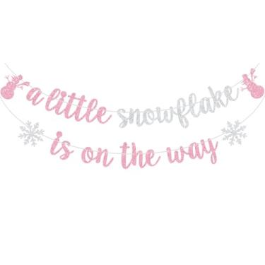 Imagem de Faixa de glitter rosa A Little Snowflake is on the Way, placa de decoração de chá de bebê de boneco de neve de inverno, floco de neve de Natal inverno Onederland suprimentos de decoração de festa de