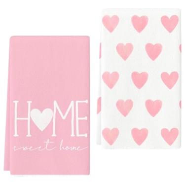 Imagem de MEYUEWAL 2 peças de toalhas de prato rosa coração amor lar doce lar dia dos namorados para festa de casamento, aniversário, dia dos namorados (16,5 x 23,6 polegadas)