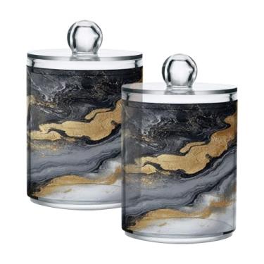 Imagem de Qilmy Qtip Suporte de boticário de 400 ml, frasco de plástico transparente de mármore cinza dourado com tampa, dispensador de recipiente de banheiro para bola de algodão, cotonete, fio dental, pacote