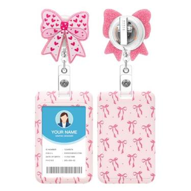 Imagem de Soleebee Porta-crachá de identificação com carretel retrátil, lindo carretel de crachá de acrílico de coração rosa com suporte para cartão, clipe de crachá com clipe de jacaré giratório de 360° para