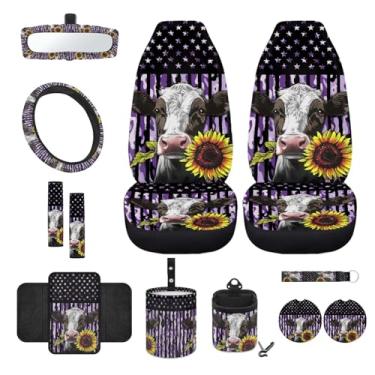 Imagem de Wanyint Capa de assento de carro camuflada de vaca com 12 peças, com capas de assento de carro dianteiras, capa de cinto de segurança de volante, almofada de apoio de braço, capa de espelho retrovisor