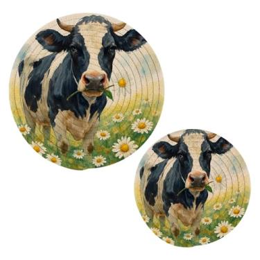 Imagem de Wassud Trivet de vaca de margarida para pratos quentes, suportes redondos de algodão, almofadas quentes, porta-copos elegantes, decoração de cozinha e acessórios, 2 peças