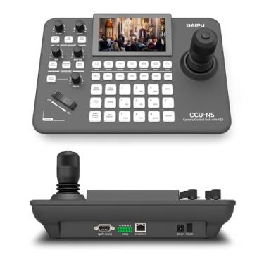 Imagem de DAIPU Controle de câmera PTZ com tela LCD de 12 cm, joystick LAN RS232 RJ45 RS485/422 DC12V, teclado de controle profissional para eventos de videoconferência de culto à igreja, transmissão ao vivo