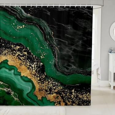 Imagem de Feelyou Cortina de chuveiro de mármore verde para decoração de banheiro moderna cortina de banheiro estética em mármore retrô design de arte em aquarela acessórios de banheiro preto dourado tecido de