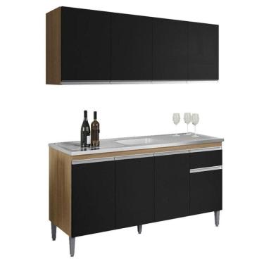 Imagem de Balcão De Pia Tatiane 145 Cm E Armário Aéreo Andreia 4 Portas 150 Cm Amêndoa Preto - Ajl