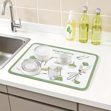 Imagem de Generic Grande tapete de secagem de pratos de pedra diatomácea, tapetes de secagem rápida padrão para balcão de cozinha, pratos, copos 40 x 39 cm verde