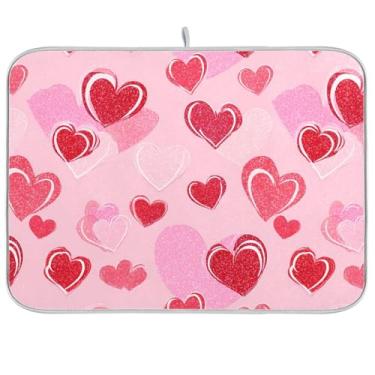 Imagem de Tapete de secagem de louças Happy Valentines Day Hearts 40,6 x 45,7 cm, estrelas, vermelho, rosa, glitter, coração, amor, louças, escorredor, tapetes de mesa, protetor de mesa para decoração de bancada de cozinha doméstica