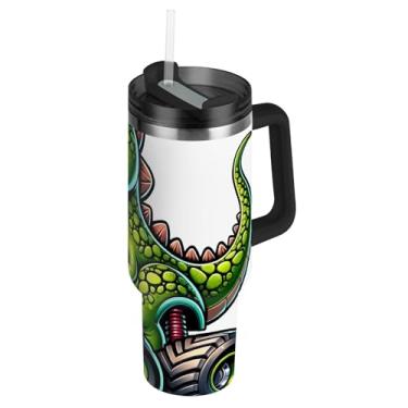 Imagem de Copos de desenho animado de dinossauro Monster Truck com tampas e canudos, garrafas de água de aço inoxidável, isoladas, copo de 850 g com alça, garrafa de água grande para copo de carro