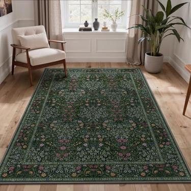 Imagem de GENIMO Tapetes vintage 12 x 18 cm para sala de estar e quarto, tapete pequeno lavável antiderrapante para sala de jantar, entrada e cozinha, tapete de destaque resistente a manchas (verde escuro)