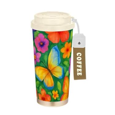 Imagem de TSENQUE Copo de café de 473 ml com canudo e tampa, copo de café de viagem de aço inoxidável à prova de vazamento para escritório, escola, festa, acampamento, borboletas coloridas e flores