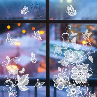 Imagem de PLIGREAT 2 folhas de adesivos de janela de textura de renda branca, adesivos de janela de videira floral borboletas destacam e colam decalques de janelas para sala de estar, quarto, porta de vidro