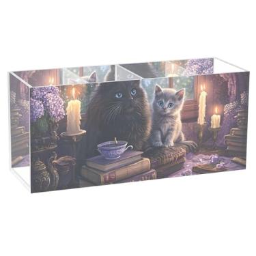 Imagem de TSENQUE Porta-lápis personalizado de desenho animado para arte de mesa, livros místicos de gatos pretos, à luz de velas, artesanato, organizador de acrílico