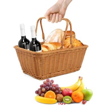 Imagem de Cesta de piquenique de vime, cesta de imitação de vime de Páscoa com alça para jardim, frutas, doces, vinho, coleta de ovos de Páscoa, casamento, legumes