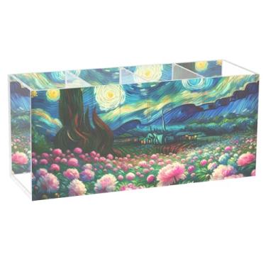 Imagem de TSENQUE Porta-canetas de acrílico personalizado com flores de peônia estrelada para arte de mesa, artesanato, caneta, caneta, escritório, estética, suprimentos de mesa