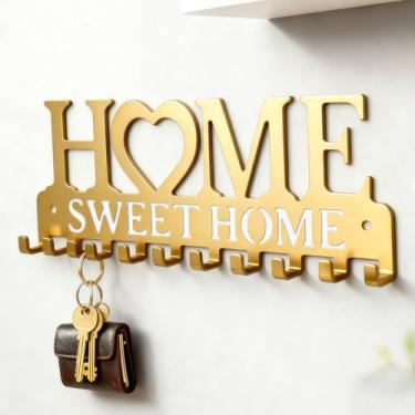 Imagem de Porta-chaves montado na parede com 10 ganchos - Rack organizador de metal sólido para chaves, casacos e carteiras, decoração de parede "Sweet Home" para corredor, mudroom, escritório (ouro)