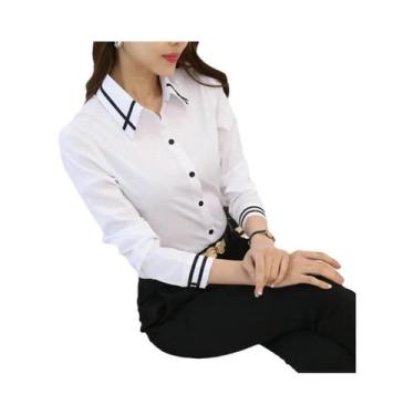Imagem de Camisa Feminina Branca e Azul - Manga Longa, Gola Virada - Estilo Form