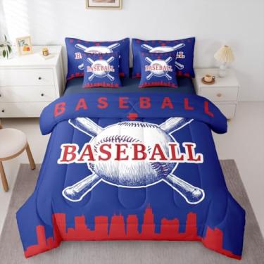 Imagem de Erosebridal Jogo de cama de beisebol em uma bolsa, tamanho casal, softball, para decoração de quarto de crianças, adolescentes, adultos, jogos esportivos, 7 peças, beisebol, cidade, (Chicago), azul