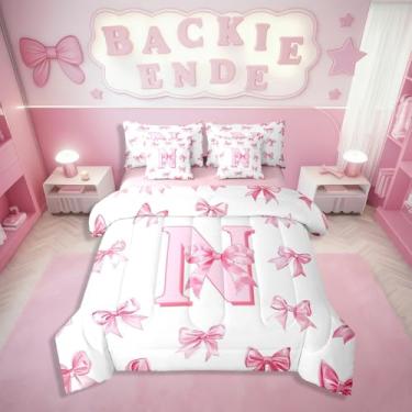 Imagem de Erosebridal Conjunto de edredom Queen com estampa de letra N e laço rosa com monograma, 7 peças, laço de princesa sonhadora para crianças, meninas, adolescentes, mulheres, conjunto de cama com laço