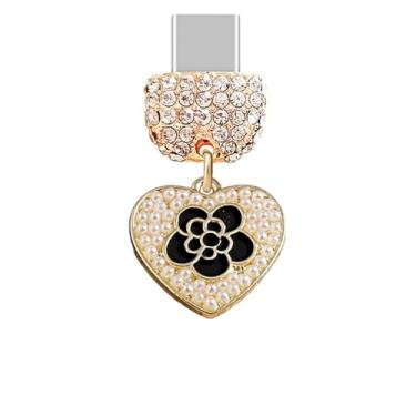Imagem de ELISE & FONDA TP1014 Tipo-C porta de carregamento cristal antipoeira plugue pequeno coração amor com pingente de celular rosa para iPhone 15/16/Samsung/OnePlus/Xiaomi/oppo telefones Android (preto)