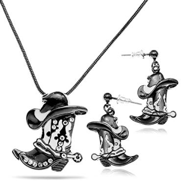 Imagem de RechicGu Western Texas Cowgirl Cowboy Hat Stetson Boot Spur Rodeo Snake Chain Brincos Conjunto de colar, Base folheada a ouro